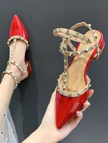 Giày cao gót đinh tán mùa hè mới về năm 2026, giày cao gót mũi nhọn cho nữ, sandal gợi cảm đa năng. - Đỏ - Xem 2