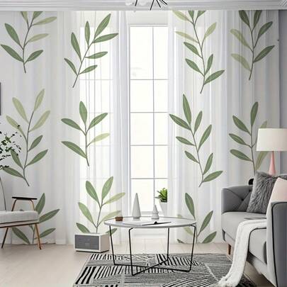 2PCS Green Olive Leaf Patterned Sheer Curtains, Suitable For Gifting, Wedding Decoration Sheer Curtains, Pole Pocket Design, Suitable For Bedrooms, Living Rooms, Kitchens, Coffee Shops, Dining Rooms, Balconies, Partitions, Gardens, Suitable For Decorating Curtains For Various Holidays Such As Christmas And New Year, Decorative And Elegant Home Decoration Sheer Curtains Suitable For All Seasons, Available In Multiple Sizes