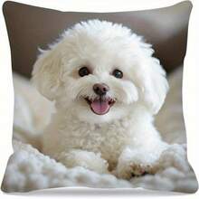 1Pc Cute White Puppy Print Throw Pillow Cover, 17.7*17.7 Inches, Single-Side Print, Suitable For Farmhouse, Living Room, Bedroom, Sofa, Porch, Patio, Outdoor Decor, Machine Washable With Zipper, Not Insert Included - Multicolor - View 2