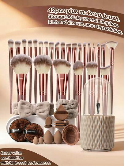 1/16/25/42件套专业化妆工具套装，包含25支化妆刷、化妆海绵、三角粉扑、发圈、刷子清洁器和收纳桶，一应俱全的美妆套装
