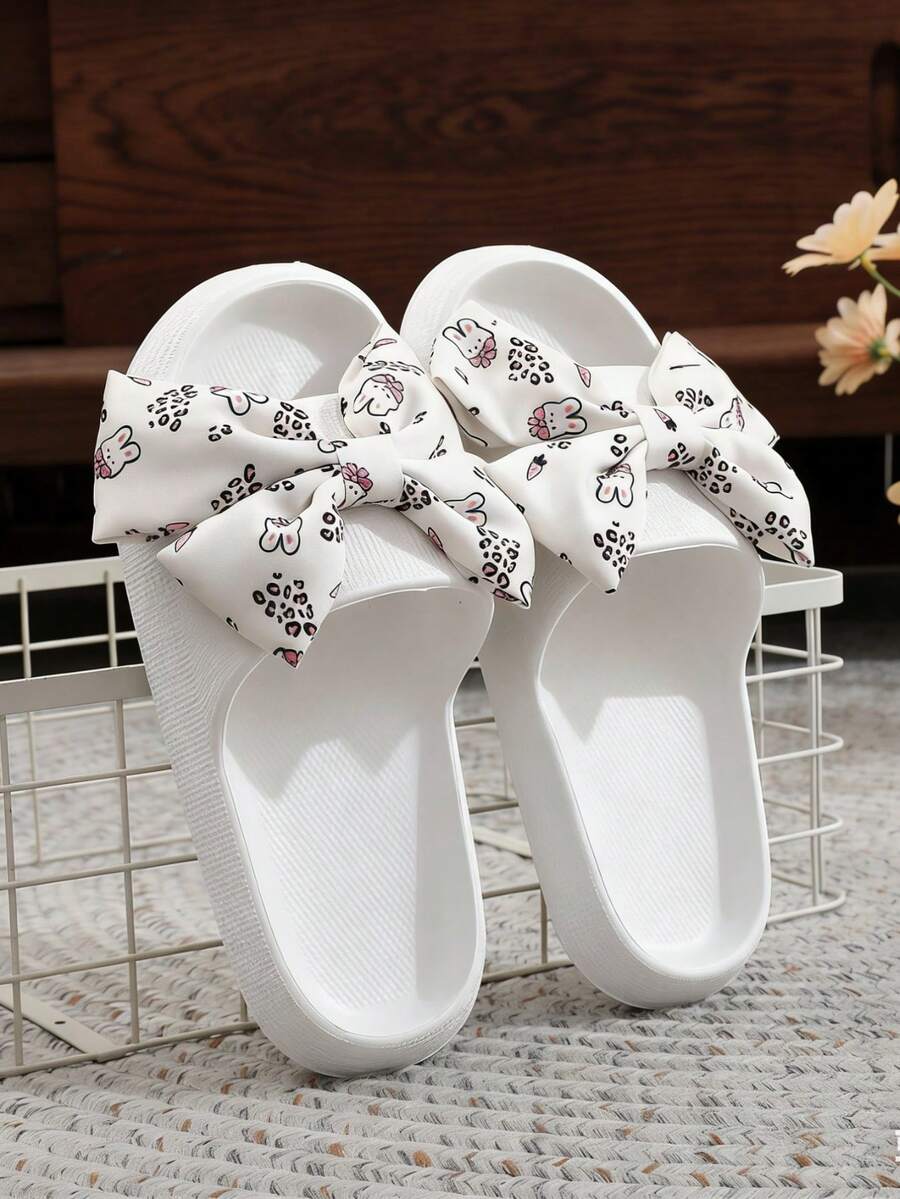 Pantuflas suaves con suela gruesa antideslizante con lazo y estampado de conejo, para verano - Blanco - Ver 1