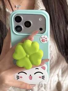 Green Four-Leaf Clover Flower Stand Maneki-Neko Phone Case, Silicone Cover Suitable For IPhone 17 Pro Max - Mint Green - View 4