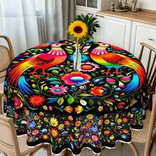 1 pieza Mantel redondo de poliéster con estampado floral y borde en relieve, adecuado para uso en interiores y exteriores, decoración del hogar, ideal para el Día de la Madre, bodas, cumpleaños, aniversarios, decoración de primavera y verano - A - Ver 5