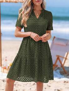 PRETTYGARDEN Women's Summer Dress V-Neck Hollow Eyelet Ruffle A-Line Hem Elegant Short Casual Wedding Graduation Travel Beach Holiday Vacation Army Green Dresses For Women - 軍綠色 - 查看 5