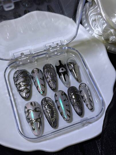 10pcs Handmade Almond-Shaped Ombre Brown & White Cat Eye Nail Art Set, Punk Rock Metallic 3D Decor Nail Stickers, Suitable For Daily Wear, Parties & Events. Includes 1 Mini Nail File And 1 Double-Sided Adhesive Sticker. Disposable Nail Sticker Manicure Supplies