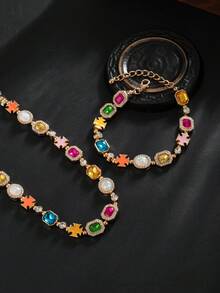 2件套复古奢华多色水晶十字架吊坠项链手链套装，男士日常配饰，理想礼物 - 金色 - 查看 4