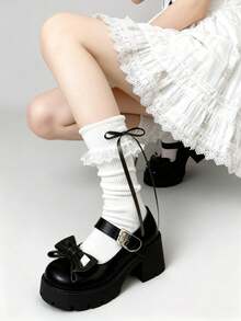 1/3双洛丽塔风格蕾丝蝴蝶结甜美少女中筒袜，四季皆宜 - 彩色 - 查看 5