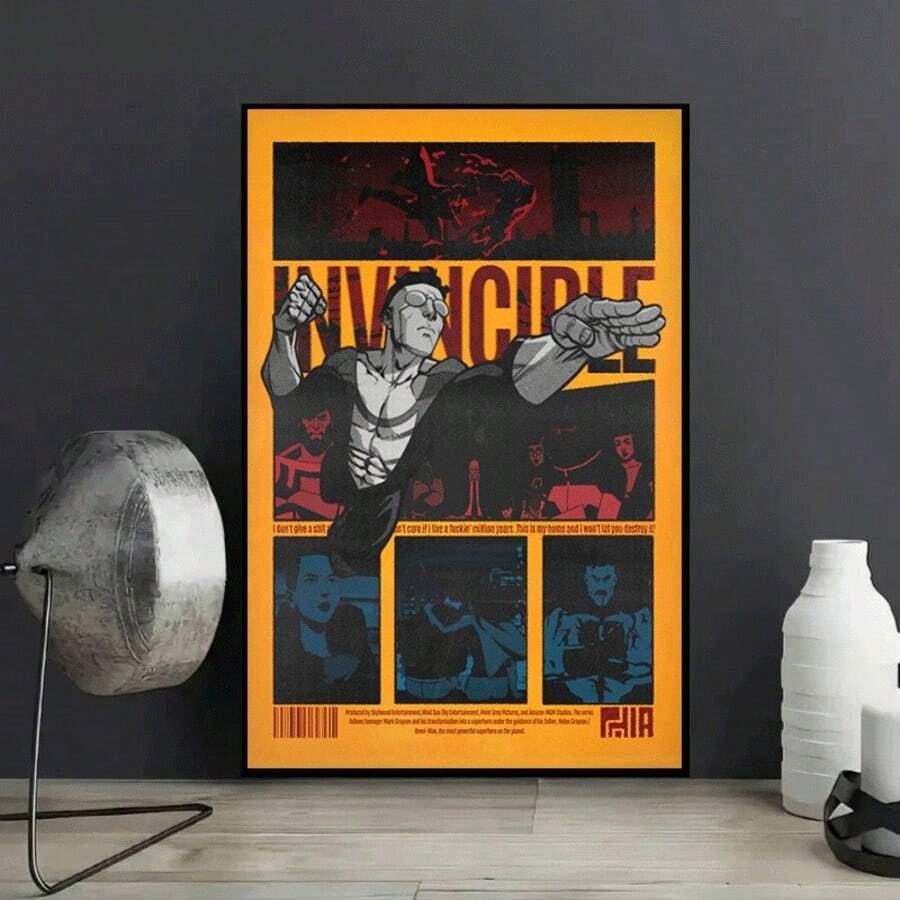 Frameless "Invincible" Animated Series Canvas Poster, Vibrant Action Art Wall Decor With Main Character, Bold Red And Black Superhero Design, Suitable For Bedroom, Living Room, Home Decor - A - View 1