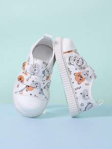 1 đôi giày thể thao nữ màu trắng, kiểu dáng bohemian, họa tiết chữ cái và gấu ngẫu nhiên, chất liệu PU mềm mại, mũi tròn, thiết kế khóa dán kép chống trượt, giày thể thao thời trang dễ thương phù hợp cho sinh hoạt hàng ngày, đi nghỉ mát, đi học và chạy bộ. - trắng - Xem 2