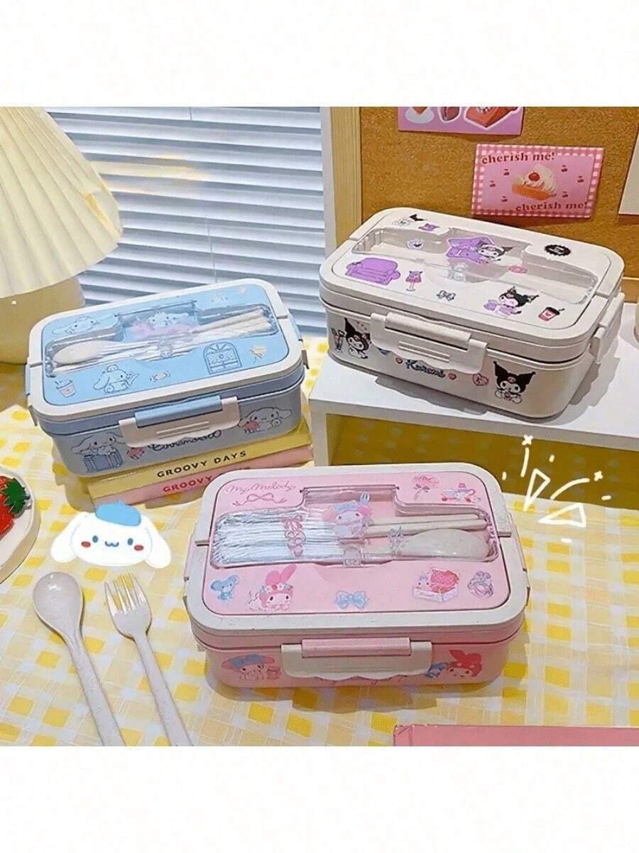 SANRIO 1件Hello Kitty授权Melody & Cinnamoroll大容量卡通午餐盒套装，附赠DIY贴纸，可爱Kuromi微波炉便当盒 - 可爱餐食准备容器 - 彩色 - 查看 1