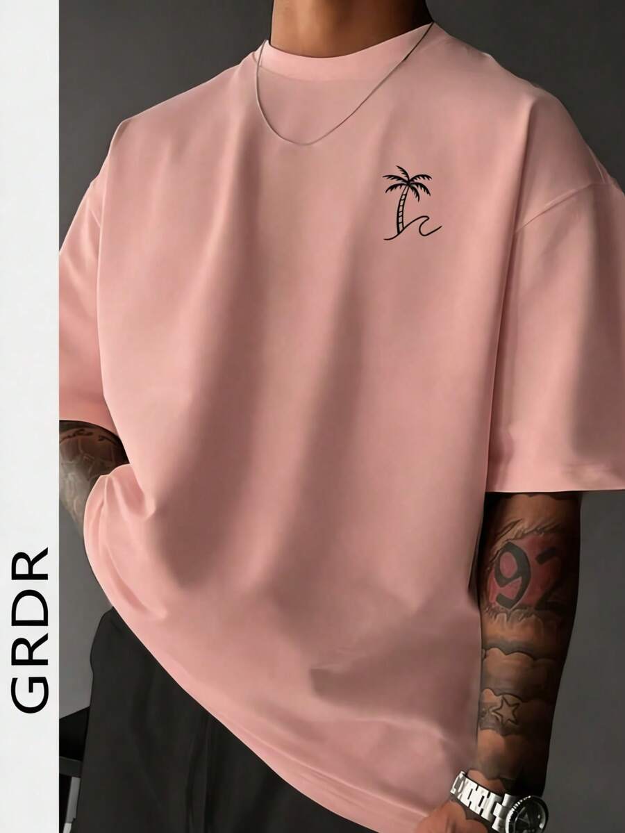 Camiseta de manga corta con cuello redondo y estampado de palmeras de moda para hombre, informal - Rosa - Ver 1