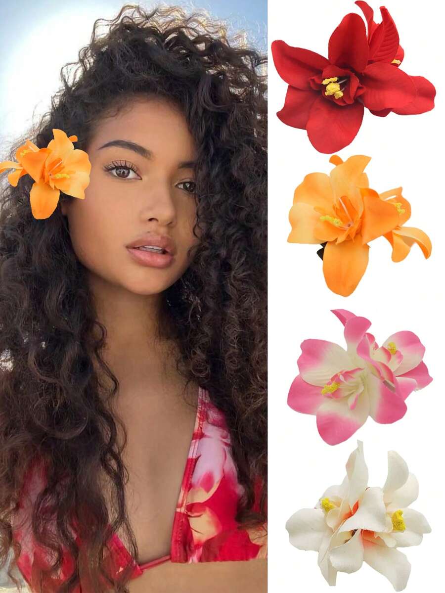 4 chiếc kẹp tóc hoa kiểu Hawaii nhiệt đới, kẹp tóc hoa cúc Gerbera nhân tạo nhiều màu sắc, thích hợp cho mùa hè, đi biển, tiệc Luau, đám cưới, phụ kiện tóc cưới phong cách Bohemian ngày Valentine (Đỏ, Vàng, Hồng, Trắng) - Nhiều màu - Xem 1
