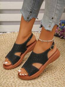 Plus Size Women's Summer New Fashion Elegant Bow Gold Strap Peep Toe Thick Sole Sandals, Comfortable Versatile Daily Wear Sandals - Black Matte Carved Floral Openwork - View 3