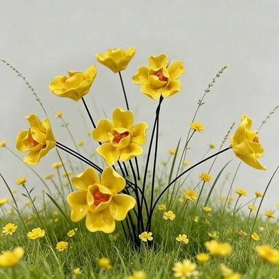 6pcs Handcrafted Yellow Tulip Ceramic Flowers - "Spring Sunshine" Artisan Molded Lifelike Tulip Bouquet, Fade-Resistant Everlasting Blooms For Home Decor, Table Centerpiece, Easter, Mother's Day & Spring Garden Accents – No Maintenance Artificial Clay Flowers