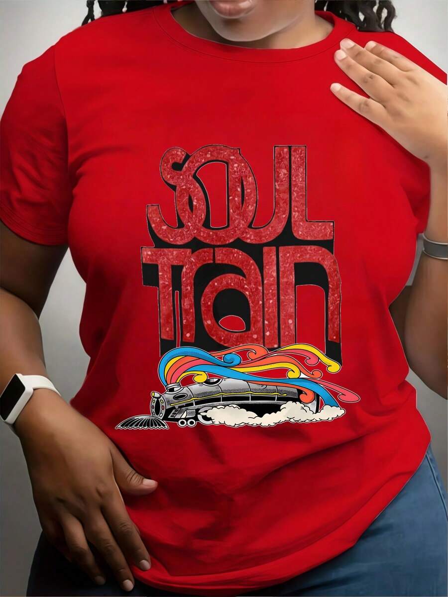 Women's Retro Soul Train Pattern T-Shirt - Black 70s Disco Party Shirt With Blue And Red Accents - Soft Crew Neck Casual Top - 紅色 - 查看 1