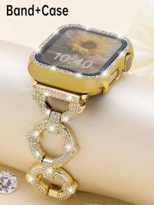 Compatibil cu curelele și compatibil cu carcasele , modele aurii de 38 mm, 40 mm, 41 mm, 42 mm, 44 mm, 45 mm, 46 mm și 49 mm; Curele de ceas aurii elegante și luxoase și protecții de ecran cu diamante aurii pentru seriile Ultra3/2/1/SE/S11/S10/S9/S8/S7/S6/S5/S4/S3/S2/S1; Accesorii de damă în formă de O cu diamante incrustate pentru petreceri și baluri mascate. - Aur - Vizualizare 9