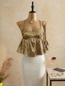 Áo hai dây peplum màu vàng ánh kim, dây mảnh, cổ tim, vạt bèo nhún, không tay, thích hợp cho tiệc tùng và những buổi tối đi chơi. - Vàng - Xem 4