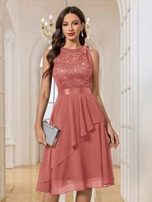 MIUSOL Gaun Pesta Halter Berhiaskan Payet, Renda, dan Patchwork Bunga, Cocok untuk Ulang Tahun, Tamu Pernikahan, Gala Malam, dan Acara Lainnya, Elegan di Musim Panas. - Dusty Pink - View 8