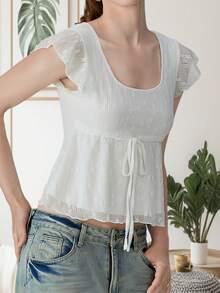 Women Y2k Floral Shirt Summer Crop Tops Frairycore Embroidery Ruffled Shirts Tie Bow Front Jacquard Slim Fit T Shirts Flying Sleeve Square-Neck Casual Going Out Tops Party Club Streetwear Aesthetic Clothes - 白色 - 查看 3