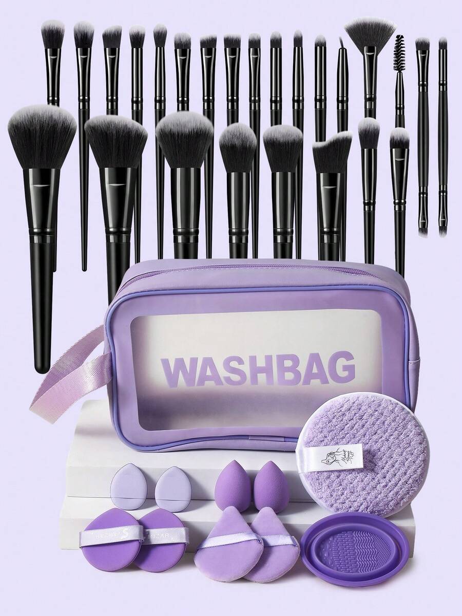 36PCS Makeup Tools Set Including:25PCS Makeup Brush Set+1pc Multi-Functional Zipper Toiletry And Cosmetic Bag Waterproof+2PCS Mini Air Cushion Powder Puffs+2PCS Mini Makeup Sponges+1pc Facial Cleansing Sponges+2PCS Air Cushion Powder Puff+2PCS Mini Air Cushion Powder Puffs+1pc Makeup Brush Cleaning Tools,All-In-One & Beginner-Friendly | Travel-Ready & Gift-Ready | Perfect For Newbies/Her - Multicolor - View 1