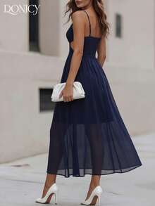 DONICY 藏蓝色夏季度假连衣裙，女士时尚露背吊带镂空中长连衣裙，飘逸裙摆，后背褶皱设计，优雅晚礼服 - 藏蓝色 - 查看 2
