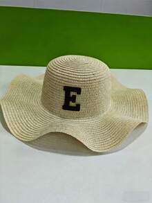 1顶女童草编宽檐帽，A-Z黑色字母标签，可定制度假防晒日常百搭帽，个性化定制户外帽 - 卡其色 - 查看 10