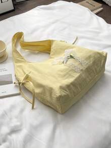 Bolso de hombro con estampado floral lindo, bolso de mano casual de gran capacidad, bolso con decoración de lazo de dopamina para estudiantes - Amarillo - Ver 3