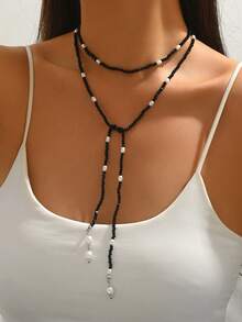 1 pieza Collar largo con cuentas de perlas estilo europeo y americano, cadena de clavícula multicapa, adecuado para ocasiones casuales, de viaje, diarias y de fiesta - Collar largo con cuentas - Ver 13