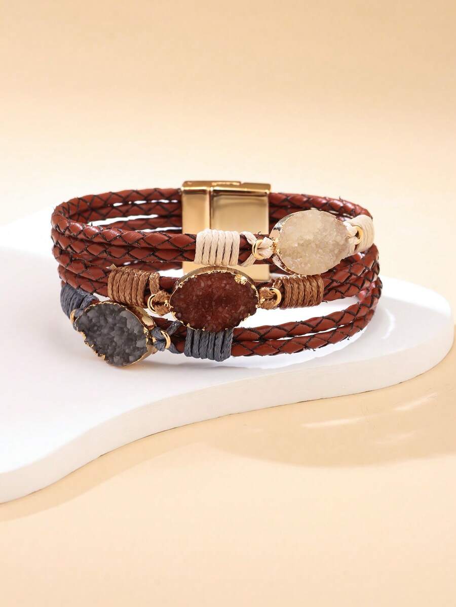 1 chiếc vòng tay nam châm nhiều lớp bằng da PU đính đá giả nhựa. - Màu be - Xem 1