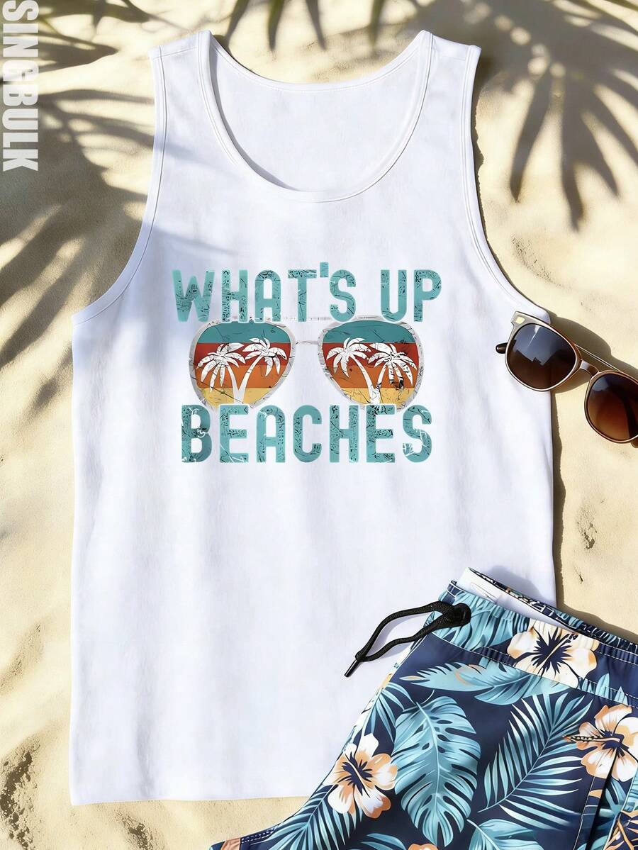 singbulk Men's Cotton "What's Up Beaches" Sunglasses & Palm Tree Print Sleeveless Tank Top - Summer Beach Tank Top - White - View 1
