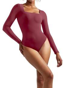 OMKAGI  Women's Long-Sleeved One-Piece Dress With A Sexy And Form-Fitting Triangle Thong Panty And One-Piece Top - 乾枯玫瑰色 - 查看 9