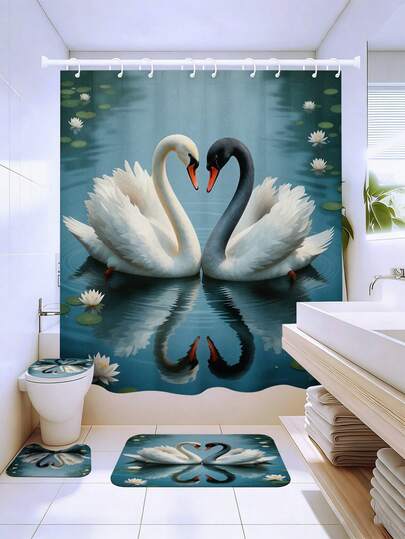 1/3/4件套天鹅湖浪漫主题浴帘浴室套装，天鹅心形睡莲图案浴室窗帘，防水浴室装饰及配件，72英寸*72英寸浴帘配12个挂钩 - 包括马桶盖套、浴垫和地毯，涤纶面料 - 可水洗 - 适合节日装饰、春季/卧室/住宅/西式/家居装饰、乔迁礼物、情侣礼物、浪漫浴室配件、天鹅图案家居装饰