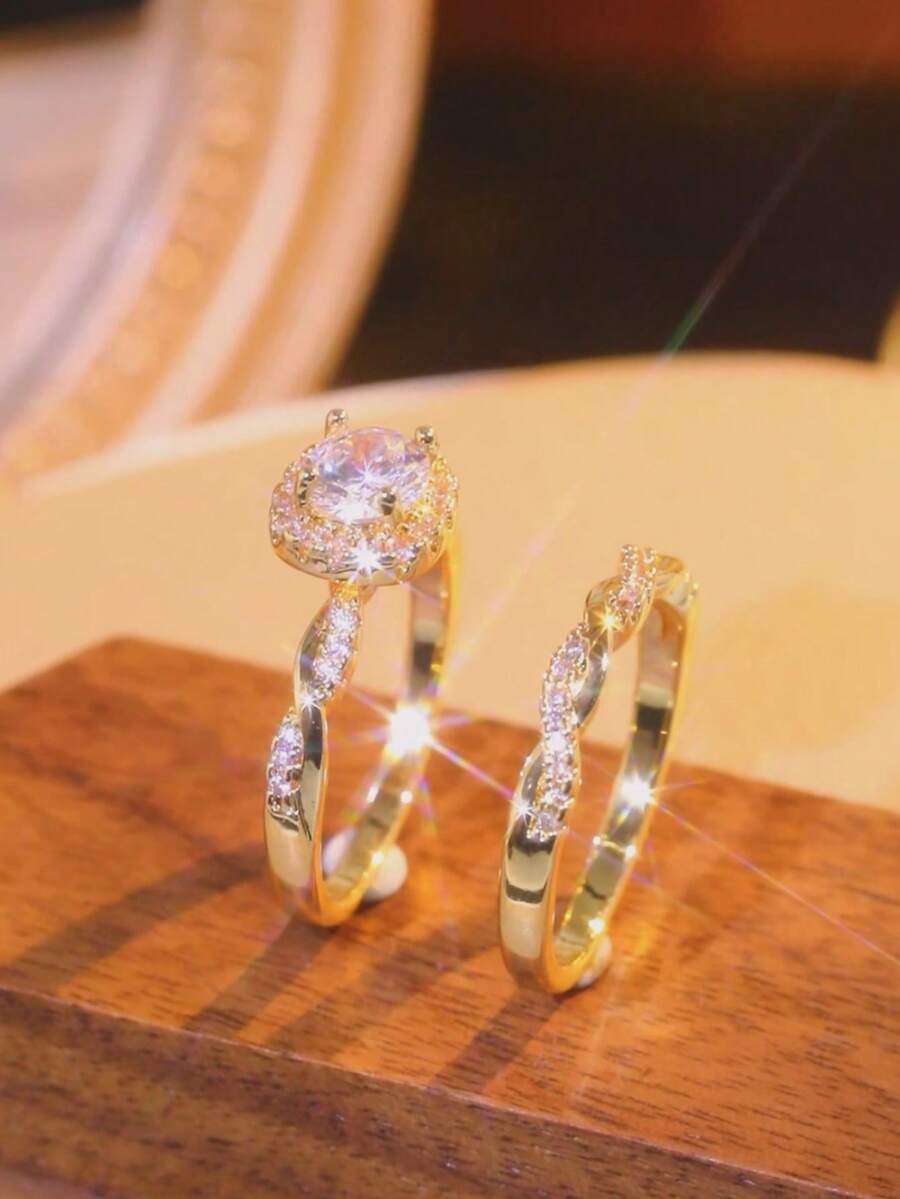 两枚优雅女士戒指，新娘结婚戒指，新颖设计，镶嵌闪亮合成立方氧化锆，结婚订婚周年纪念日生日石戒指，情侣戒指，情人节、母亲节、妇女节送给女性的礼物