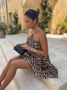斑马纹优雅休闲性感雪纺露背迷你连衣裙，适合派对、度假、日常穿着，棕色 - 棕色 - 查看 5