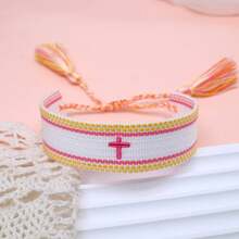 1pc Embroidered Cross Boho Handmade Woven Tassel Bracelet - Multicolor - View 3