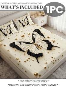 1pc Butterfly & Floral Pattern Fitted Bedsheet, Comfortable Home Textile, Breathable Anti-Pilling Bed Cover, Suitable For Bedroom & Dorm Decor, Fits Twin, Full, Queen, King Size Beds, All Season, Machine Washable, Dust-Proof & Non-Slip, Excludes Pillow & Pillowcase, Perfect Holiday Gift - Multicolor - View 3