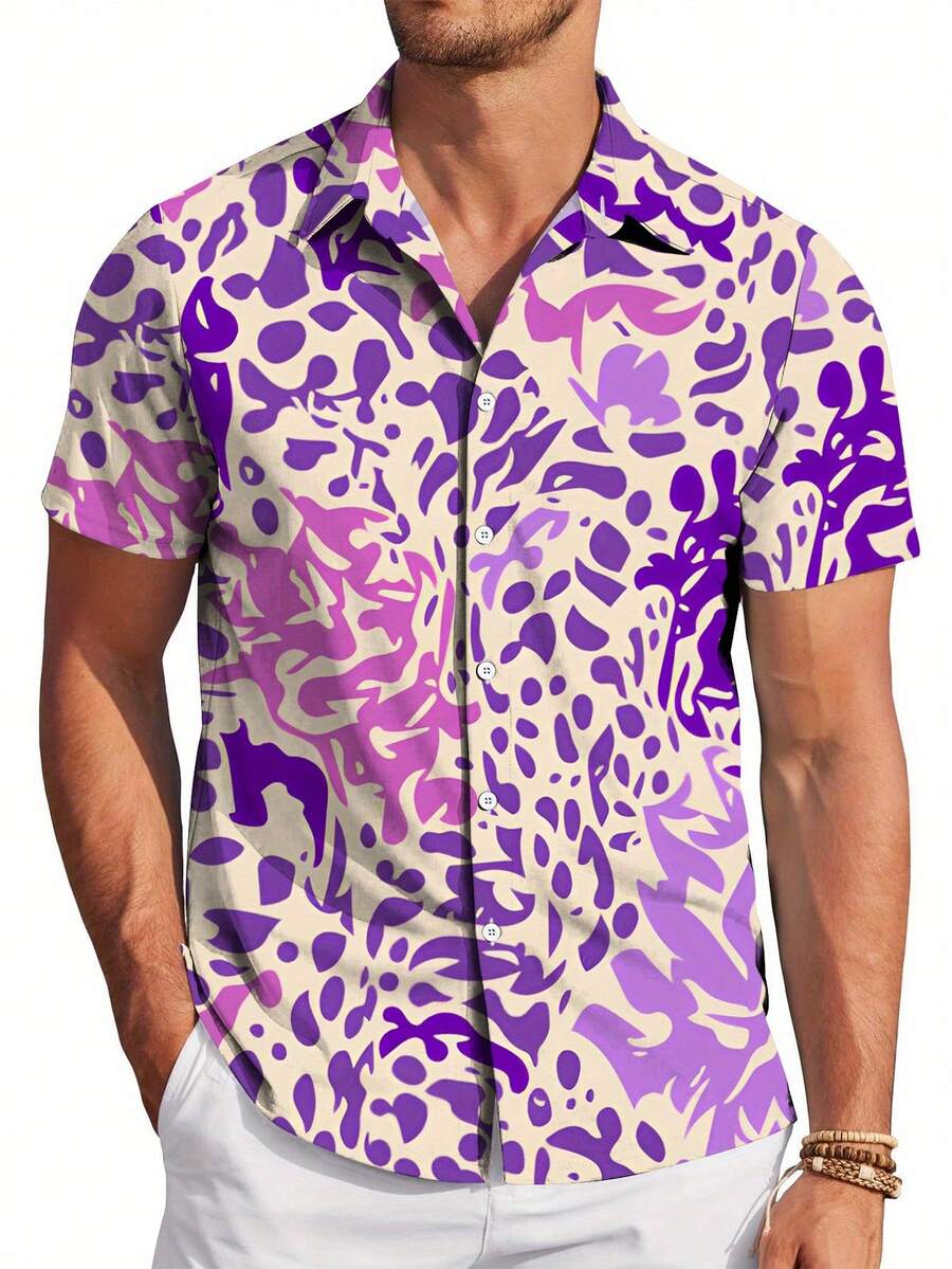 Abstract Purple And Lavender Swirl Pattern Symbolizes Creativity Energy And Free Expression 3D Printed Casual Short Sleeve Button Down Shirt For Men Summer Beachwear - 白色 - 查看 1