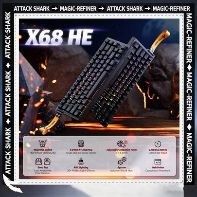  Teclado mecánico ATTACK SHARK X68HE 60% con interruptores magnéticos | Frecuencia de sondeo de 8000Hz con función RT | Teclas PBT RGB NKRO para Windows/Mac