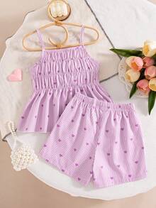 2pcs Girls Casual Striped Heart Print Decor Spaghetti Strap Vest And Elastic Waist Shorts Set, Spring/Summer - Purple - View 2