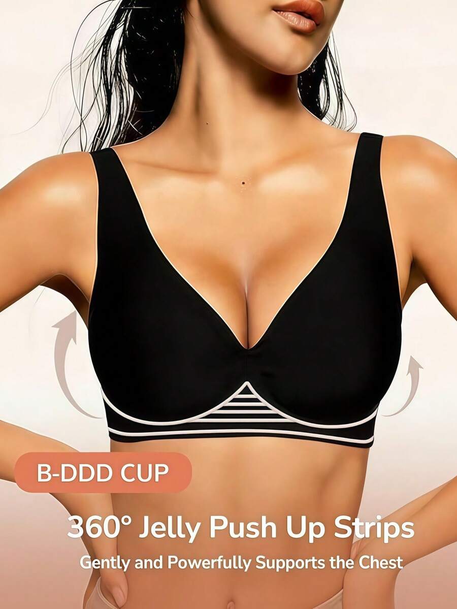Women's Wireless Jelly Bra, Lift Supportive Full Coverage Plus Size Comfort Deep V Everyday Bra - Black - View 1