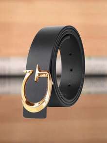 奢华金色字母G扣皮带 - 黑色纹理男士时尚皮带，可搭配牛仔裤和连衣裙 - 彩色 - 查看 1