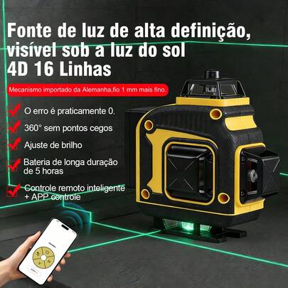 Nivel a Laser 4D 16 Linhas Profissional ,Nível 4x360° com Bateria, Controle Remoto e Tripé piso