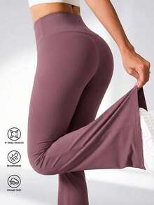 Women's High Waist Flare Pants, Lifting Waist Slimming Wide Leg Casual Pants, Solid Color All-Season Fitted Vacation Trousers - Red Violet - View 4