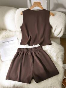 Plus Size Solid Color Casual Knotted 2 Pieces Set For Women, Spring/Summer Vacation Elegant Brown - Brown - View 4