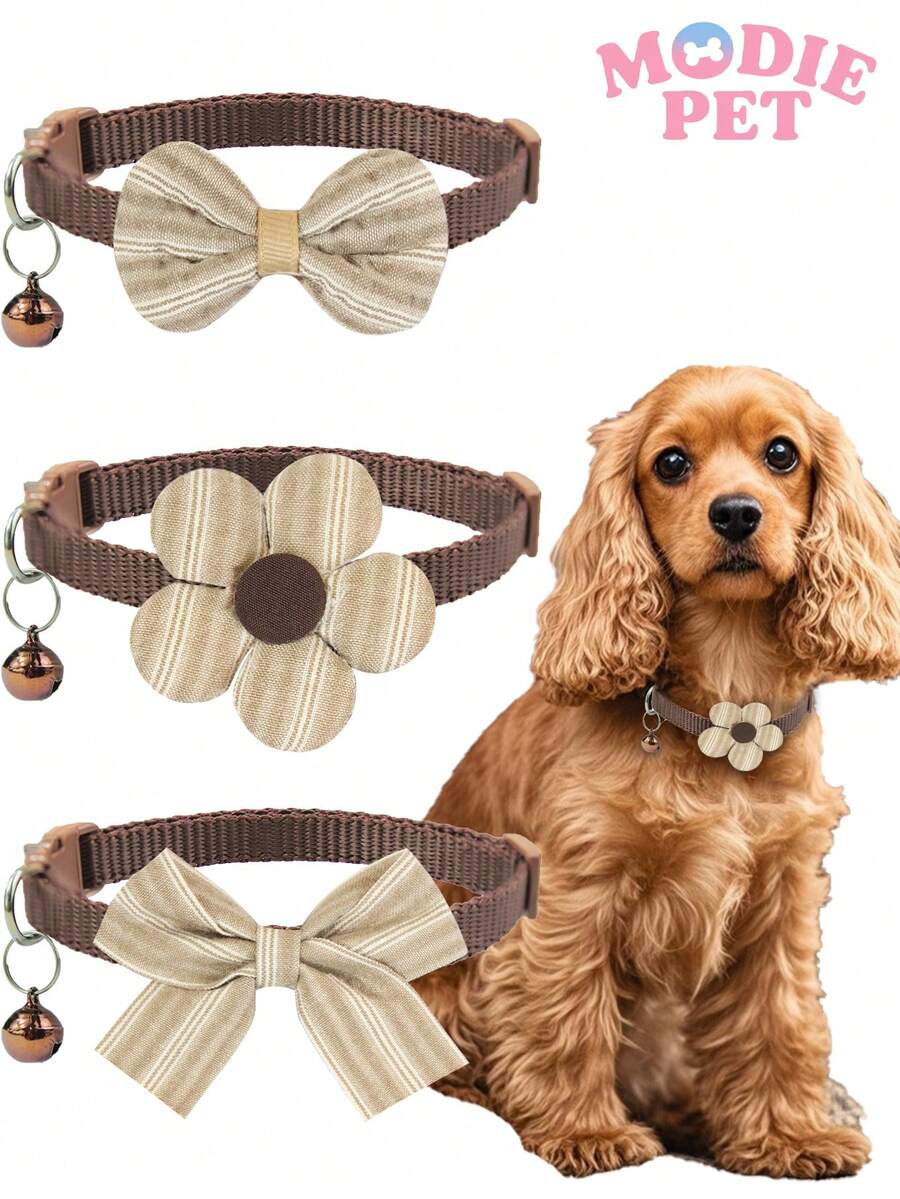 3pcs Cute & Fashionable Polka Dot Bow Tie And Flower Combination Pet Collar Set, Joyful For Cats And Dogs - Multicolor - View 1