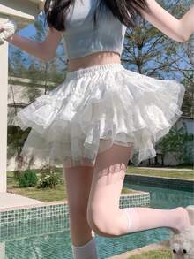 1pc Sweet & Cute Lace Cake Skirt, Casual Layered Ruffle Waist Skirt Suitable For All Seasons, Layering, Beach, Weekend Dates, Photography, Cosplay, Anime-Inspired Outfits - Multicolor - View 8