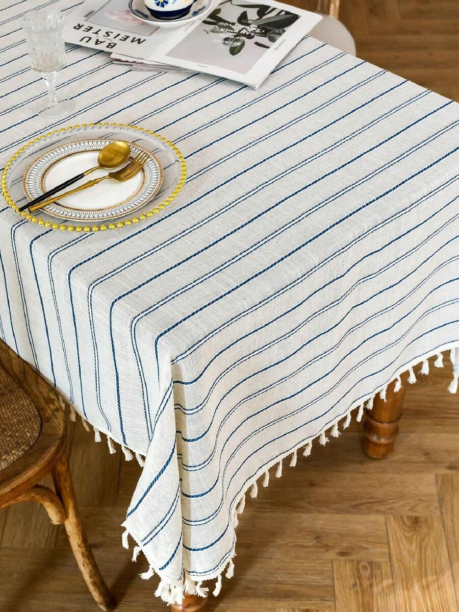 1pc American Retro Minimalist Polyester Linen Tassel Tablecloth, Heat-Resistant Rectangular Tablecloth Suitable For Kitchen, Dining Table, Coffee Table, TV Cabinet, Family Gathering, Outdoor Picnic - Multicolor - View 1