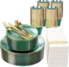 DaYammi 350 Pcs Clear Green Gold Plastic Plates, Hammered Disposable Dinnerware, Clear Green Plates Set Include 100 Plastic Platos, 150 Gold Disposable Silverware, 50 Cups And 50 Napkins For Party - Xanh lá trong - Xem 1