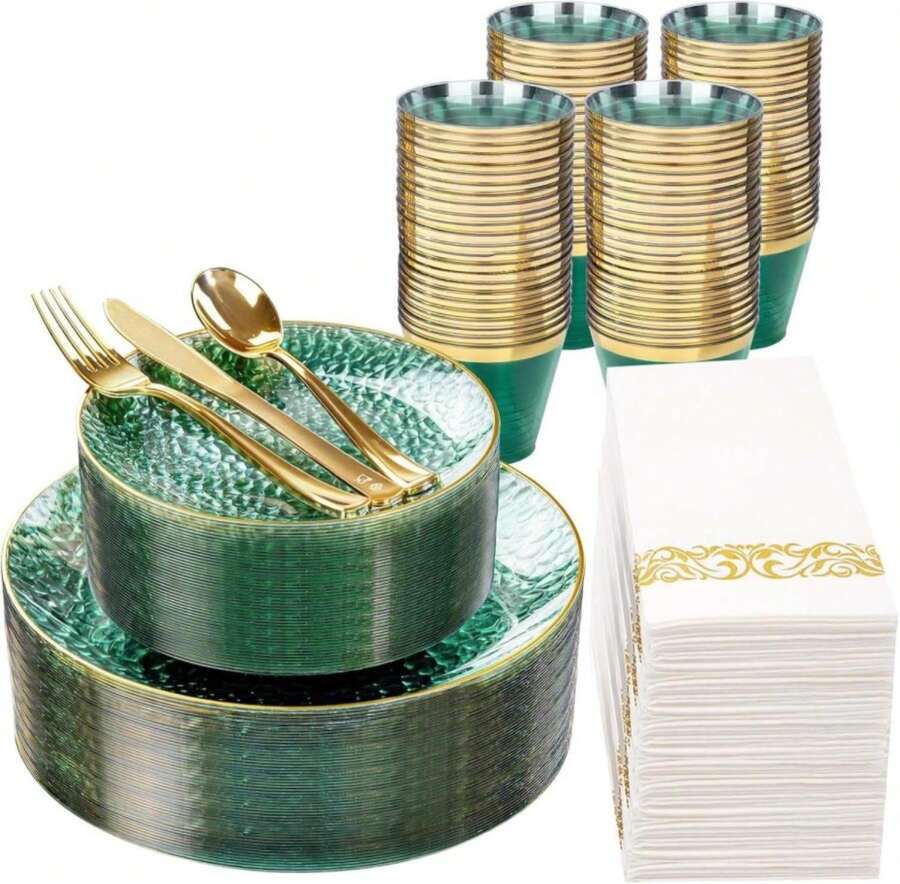DaYammi 350 Pcs Clear Green Gold Plastic Plates, Hammered Disposable Dinnerware, Clear Green Plates Set Include 100 Plastic Platos, 150 Gold Disposable Silverware, 50 Cups And 50 Napkins For Party - Xanh lá trong - Xem 1