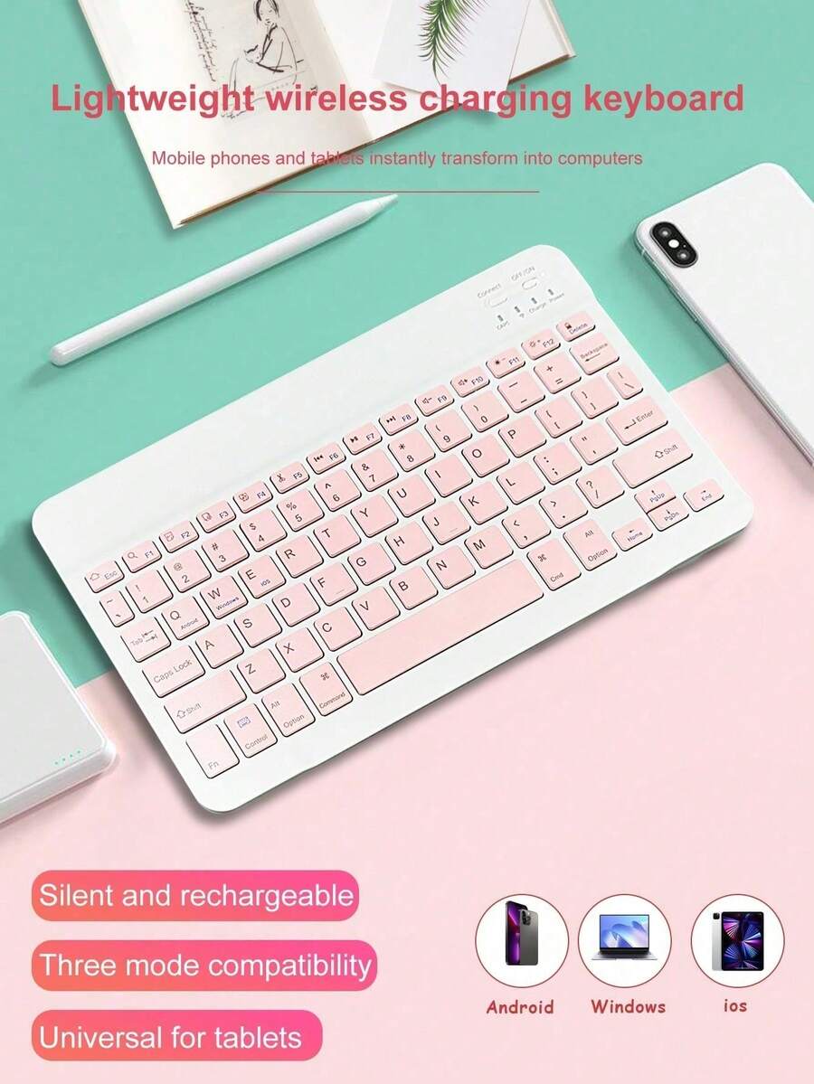 超薄无线键盘 | 便携式蓝牙键盘，兼容 iPad、平板电脑、笔记本电脑、台式机，内置可充电锂聚合物电池，支持 Type-C 充电，生日和节日送给家人朋友的贴心礼物